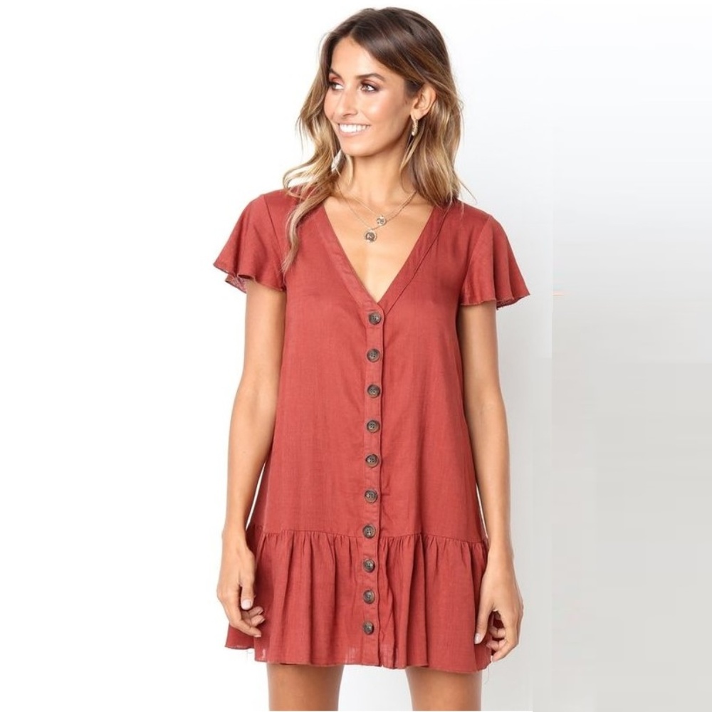 Linen Button Up Ruffle Mini Dress